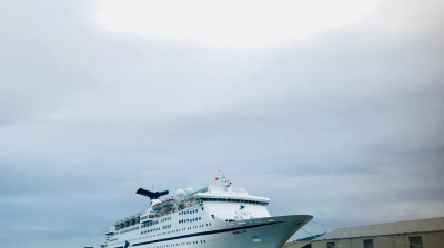Large white cruise ship docked at a port under cloudy skies.